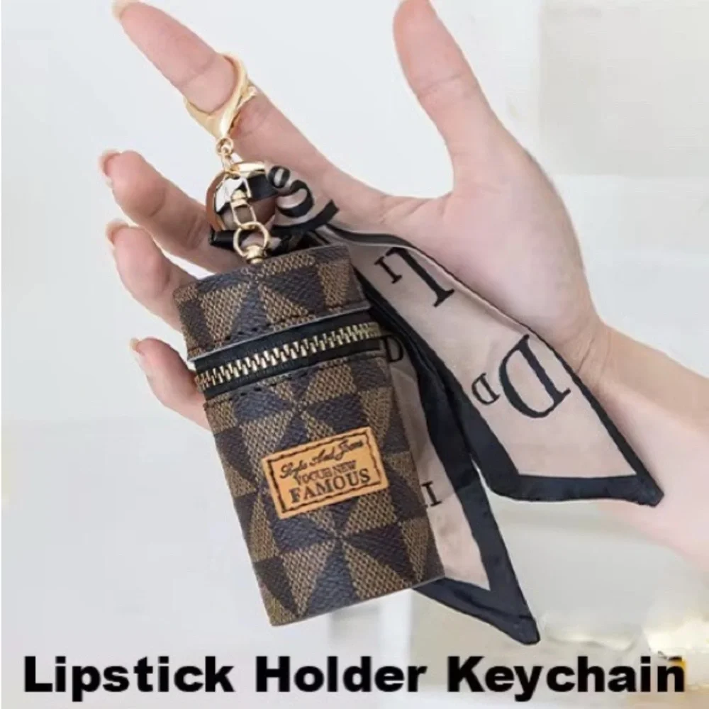 Luxury Inspired Lipstick Holder Keychain Mini Cosmetic Case Brown Checkered - Picture 3 of 3